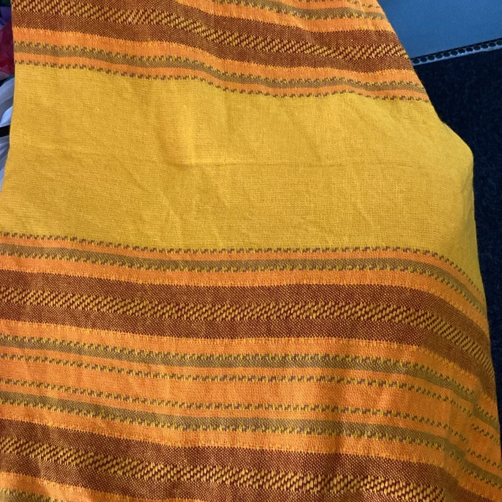 Vintage yellow 70’s‎ tablecloth orange stripes down side 2 in middle 52 x 61 404